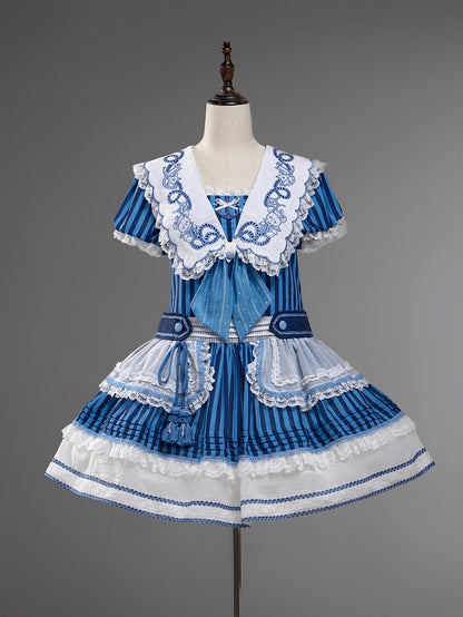 Striped Low Waist Sailor Dress with Blue Embroidery - Twin Bear Original Design