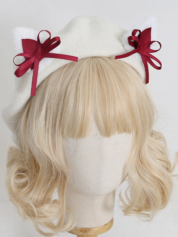 Colors Lolita Cute Off-white 11 Beret With Kitty Bowknot Ears
