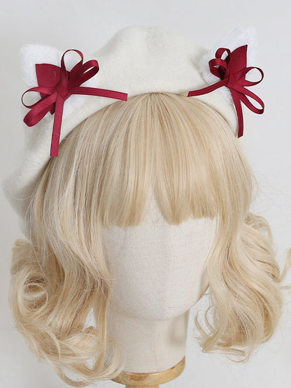 Colors Lolita Cute Off-white 11 Beret With Kitty Bowknot Ears