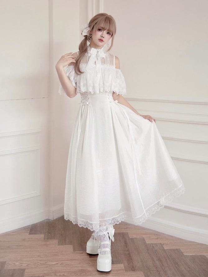 Black/White Lace Cutout Shoulder Jirai Kei Cross Dress - Tan Tuan
