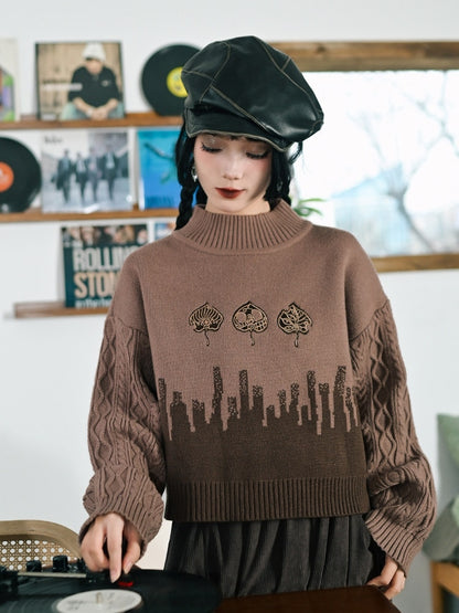 Leaf Sweater with Cheongsam Goth Brown Design Neck Mock Embroidery