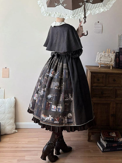 Dark Brown Bookshelf Print Long Sleeve Lolita Dress Cape - Miss Point