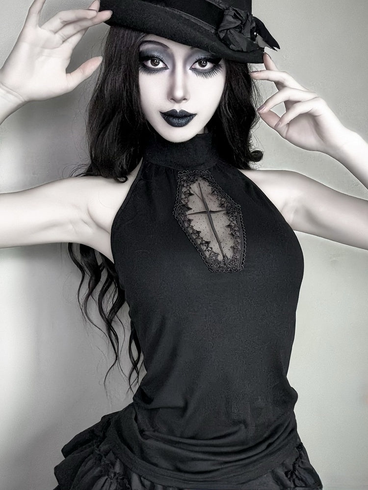 with Gothic Halter Cut-Out Black Embroidery Cross Vest Coffin