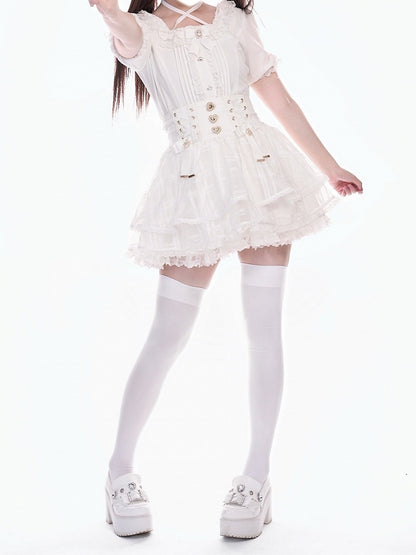 with Triple White High Lace-up Layer Organza Jirai Skirt Kei Waist Detail