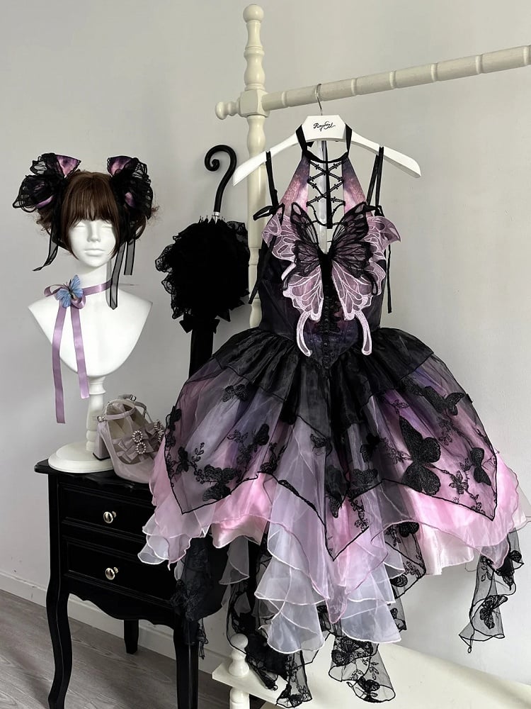 Purple Black Tulle with Hem Gothic Applique Dress Multi-Layer Halter Lolita Asymmetric Butterfly Lace-Up