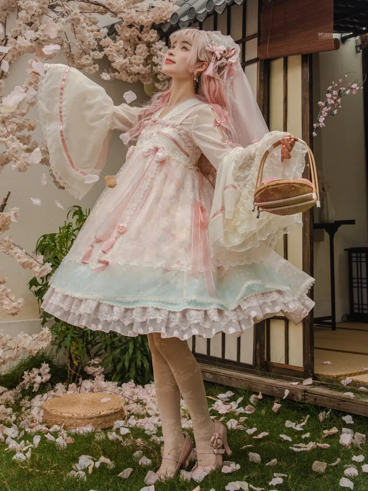 Rosa Han Lolita-Kleid mit Empire-Taille in Pfirsich- und Pfirsichblüten-Print