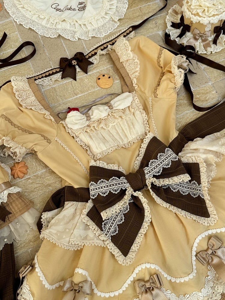 Puff Lolita Yellow and Square Neckline Bowknot Sweet Sleeves Details Dress