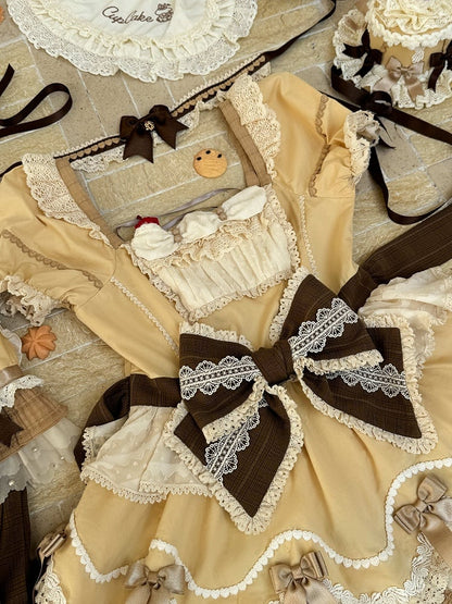 Puff Lolita Yellow and Square Neckline Bowknot Sweet Sleeves Details Dress