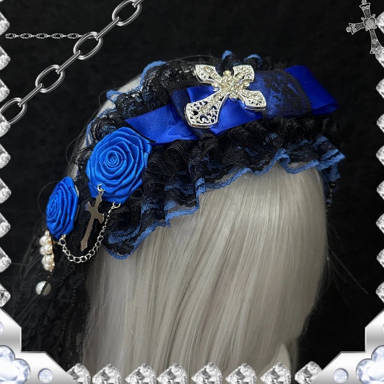 Gothic Hairband Lace Blue Lolita and Black Cross Pearl
