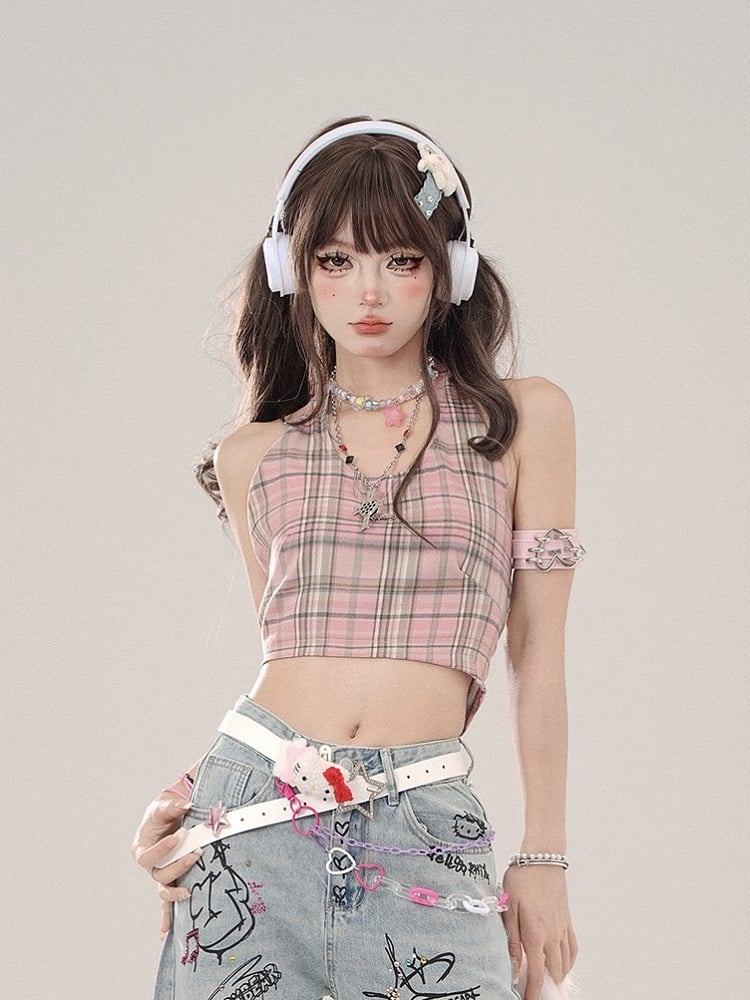Halter Pink Plaid Delicate Top Crop Tank