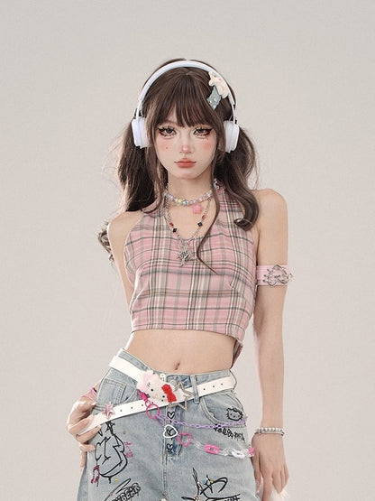 Halter Pink Plaid Delicate Top Crop Tank