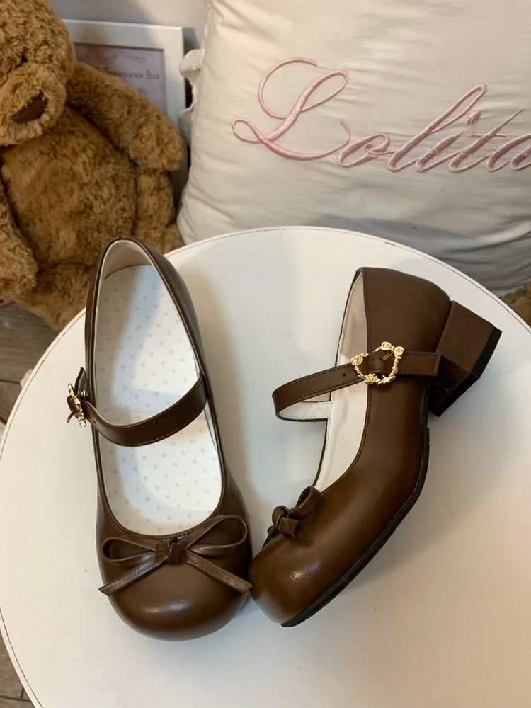Low-heel Lolita Bow Sweet Mary Accents Heart Snap Janes Dark with Brown