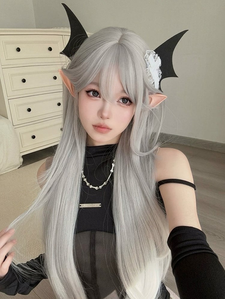 White 85cm Long Straight Full Bangs Wig - Alice Garden