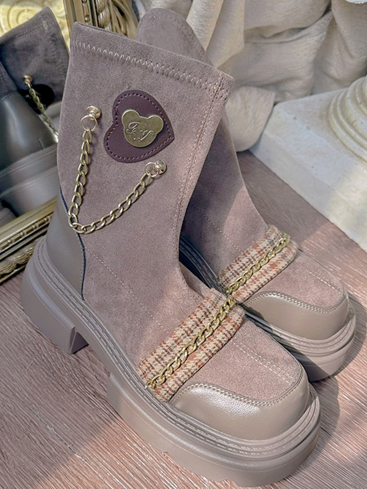 with Design Boots Brown Platform Chains Ornamental School Slip-on Heeled 4.5cm Style