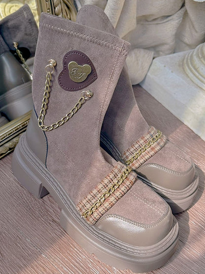 with Design Boots Brown Platform Chains Ornamental School Slip-on Heeled 4.5cm Style