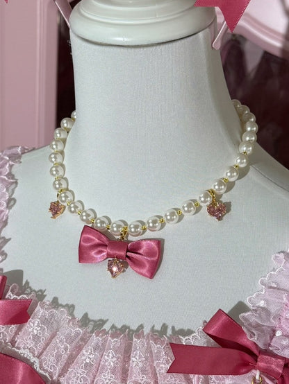 Red Heart Pink/Wine Beaded Neckalce Pendant Bowknot And