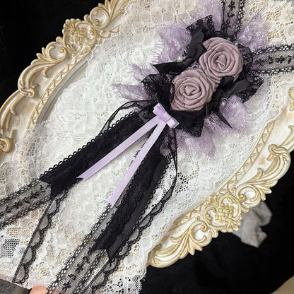 Details Bowknot Trim PurpleBlack Floral Lace Design Hairclip