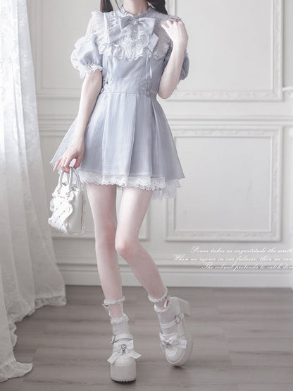 Shoulder Cutout Dress Dusty Blue Jirai Kei Plaid with