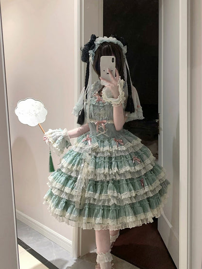 Lolita Dress Ruffles Embroidery Sweet Green and Goldfish Tiered Details Lace with