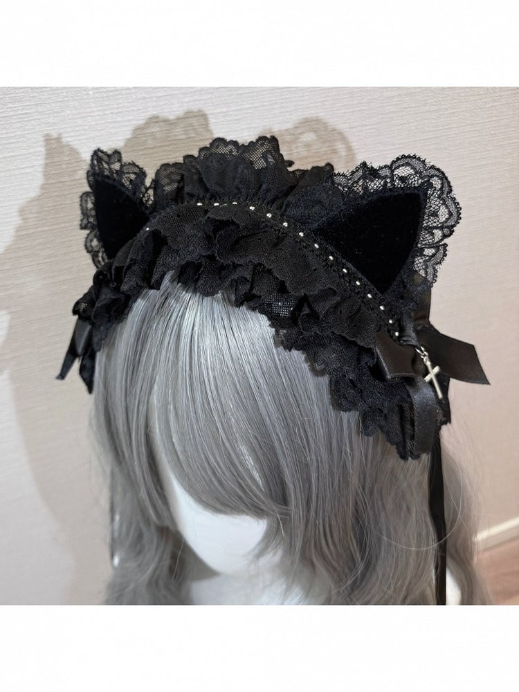 Lace Lolita Hairband with Cat Ear Design in White and Black - Magic Diary