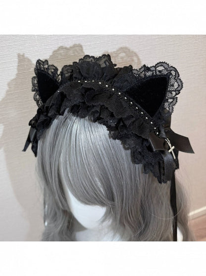 Lace Lolita Hairband with Cat Ear Design in White and Black - Magic Diary