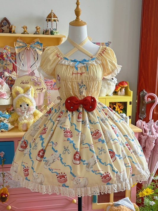 Smocked Cream One Lolita Bows Sweet and Piece Kitty Yellow Elastic Print Bodice