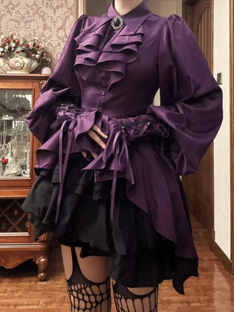 Purple Gothic Ouji Lolita Irregular Cascading Hemline Pointed Collar Long Sleeves Shirt