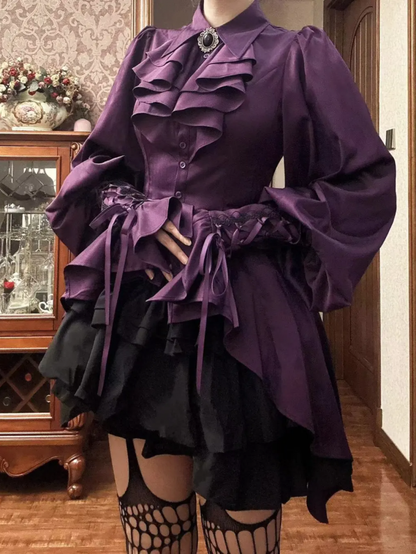 Purple Gothic Ouji Lolita Irregular Cascading Hemline Pointed Collar Long Sleeves Shirt