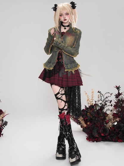 パンクグレーレタープリントディストレストリムスリムフィットデニムジャケット