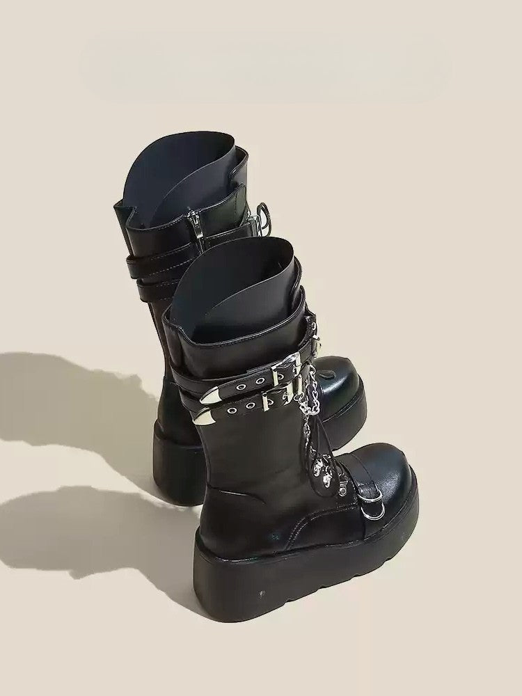 Studded with Boots Back Zip Gothic Mid-Calf Black Platform Buckle Strap Closure Sole -