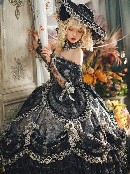 Gray Layered Lace Hanayome Details with Bow Ruffles Lolita Version Gown and Off-Shoulder Hime Black Short