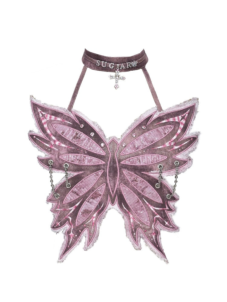 Gradient Style Choker Punk Embroidery Rhinestone Pink Denim Y2K Corset Cross Butterfly  with Pastel Fairycore