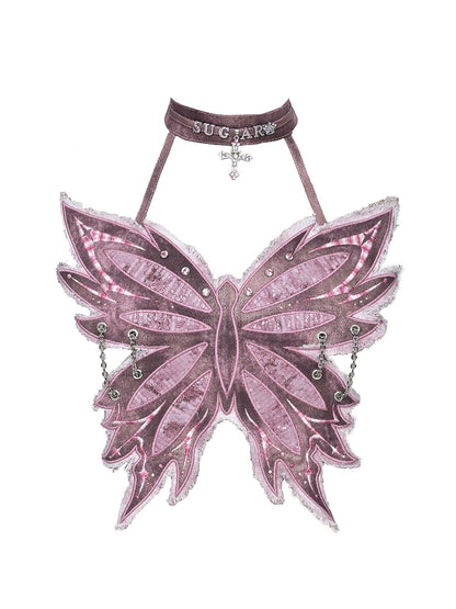 Gradient Style Choker Punk Embroidery Rhinestone Pink Denim Y2K Corset Cross Butterfly  with Pastel Fairycore