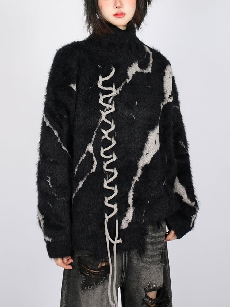 Vintage Dark Aesthetic Turtle Neck Sweater with Lace-Up Design
