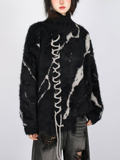 Vintage Dark Aesthetic Turtle Neck Sweater with Lace-Up Design