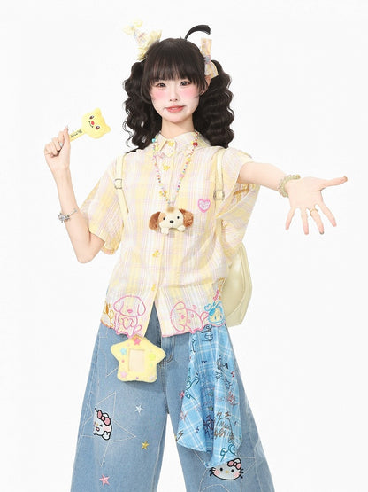 Golden Tartan Short-Sleeve Blouse with Pup Hem and Ribbon Closures - Languid Park