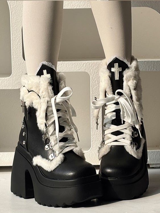 Punk Ankle with High Charm Cross Block Cuff Studded Heel Details Boots Plush Black Platform -