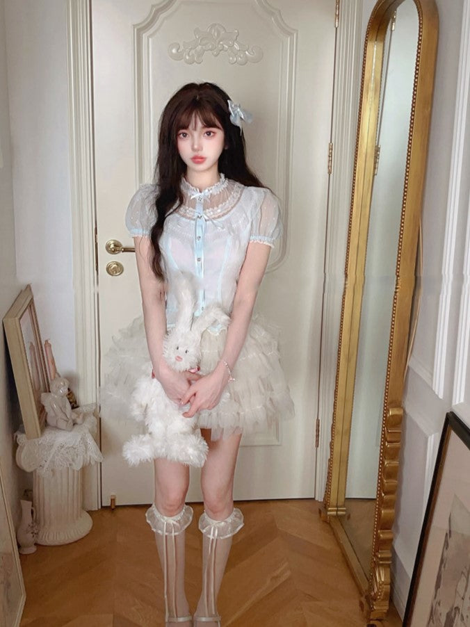 Chiffon Puff Sleeve Blue Polka-dot Top