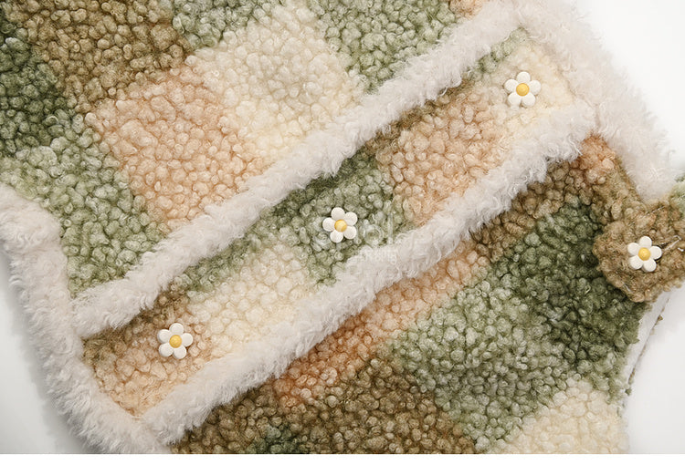 グリーンフローラルボタンディテールチェック柄フリースベスト