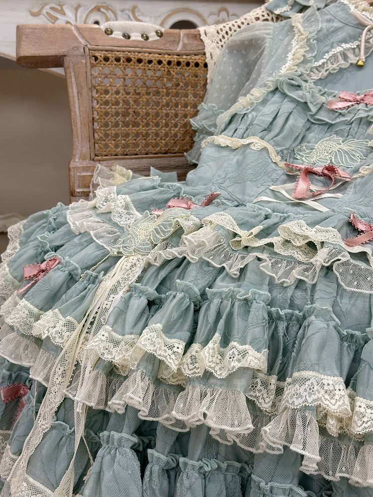 Lolita Dress Ruffles Embroidery Sweet Green and Goldfish Tiered Details Lace with