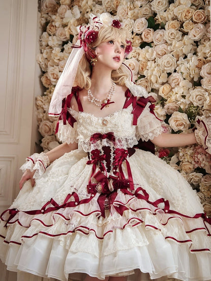 Hime Red Dress Layered Waist Lolita Corset High-low Hanayome