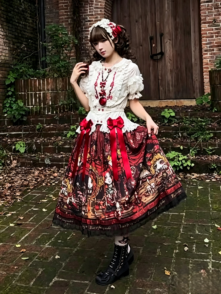 Red Shoes Story Black Red Lace Trimmed Lolita Skirt - Forest Fairy Tales