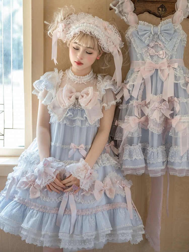 ストライプのリボン柄のスイートな装飾のドレス ロリータ ブルー ピンク