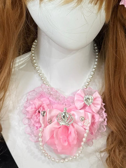 Design Pendant Heart Decorated Rhinestone Trim Necklace Lace Details Bowknot Beaded Floral Pink
