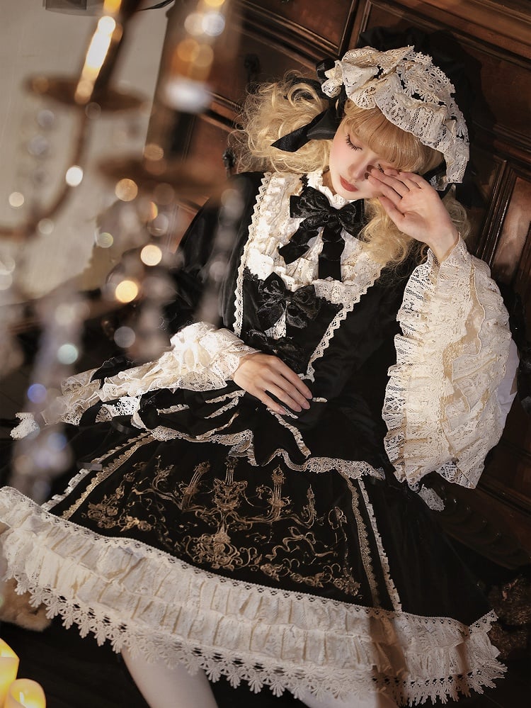 Candle Embroidery Bell-Sleeve Velvet OP Gown - Bramble Rose