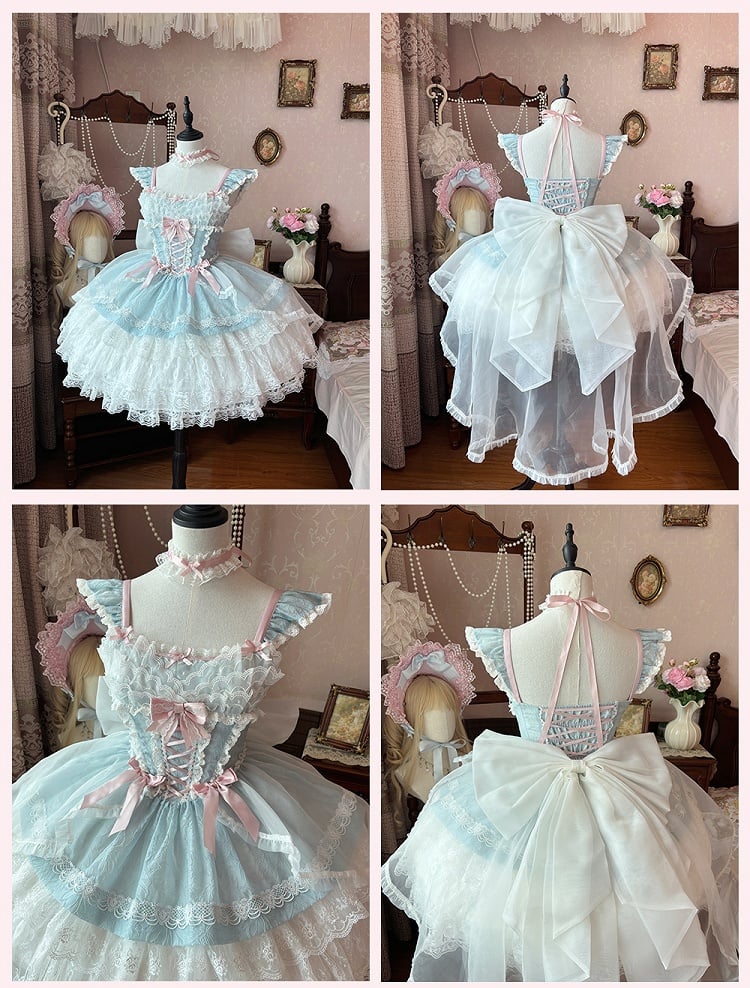 Leichter Stufenrock Blau Balletcore Sweet Lolita Pullover Flatterärmel Dreilagig