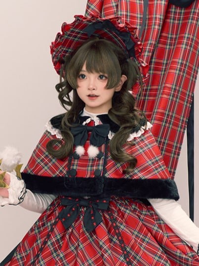 Christmas Red Plaid Cape with Plush Peter Pan Collar and Bow Accent
