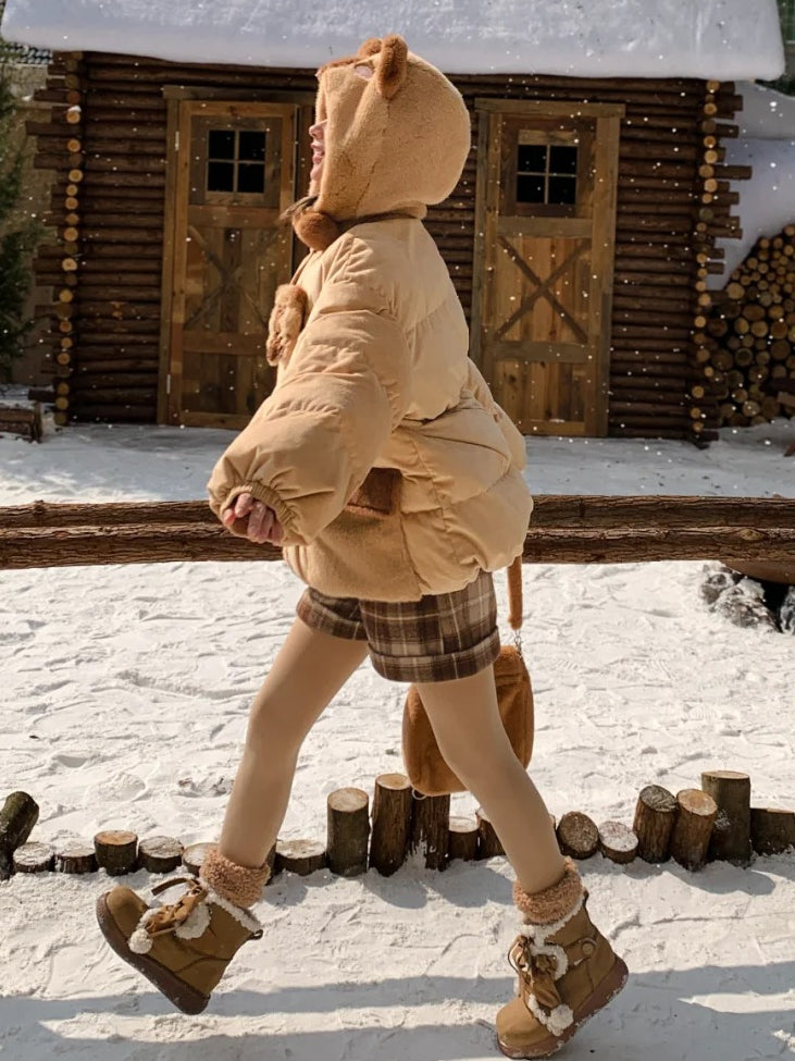 Khaki Cute Capybara Adorned Hooded Down Jacket Detachable Hood