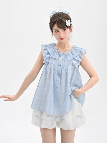 Sweet Tank Top Blue Peter Pan Collar Tiered Flutter Sleeves Bow Buttons