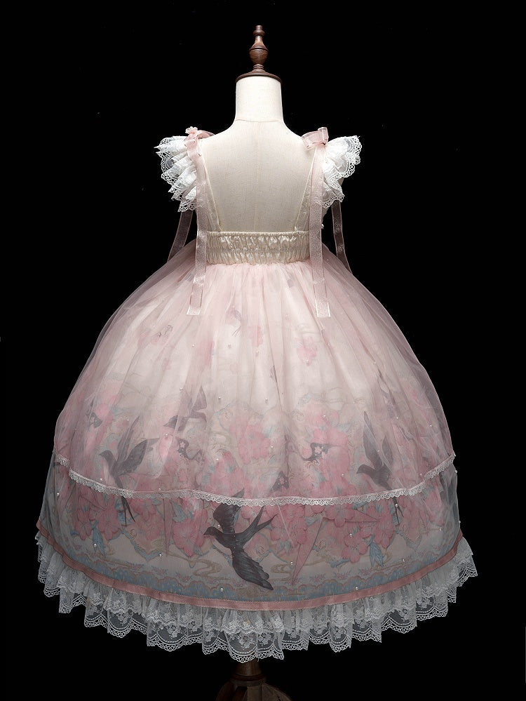 Peach Blossom Print Pink Empire Waist Chinoiserie Lolita Dress with Beaded Sheer Overlay - Dream Magic Box